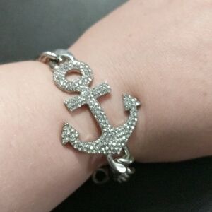 Silver Tone Clear Rhinestone Anchor Chain Link Statement Bracelet